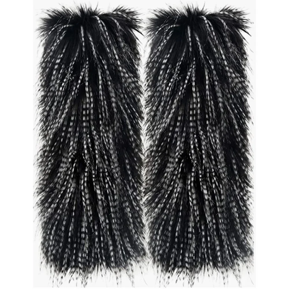 Tall Black & White Fuzzy Faux Fur Long Feather Cuff Boot Covers Leg Warmer Socks